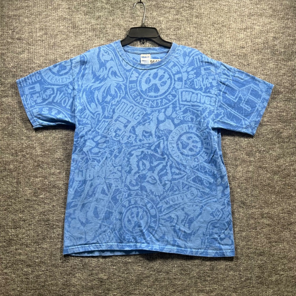 Gildan Westfield Elementary Wolves All Over Print Blue Graphic T-Shirt Large